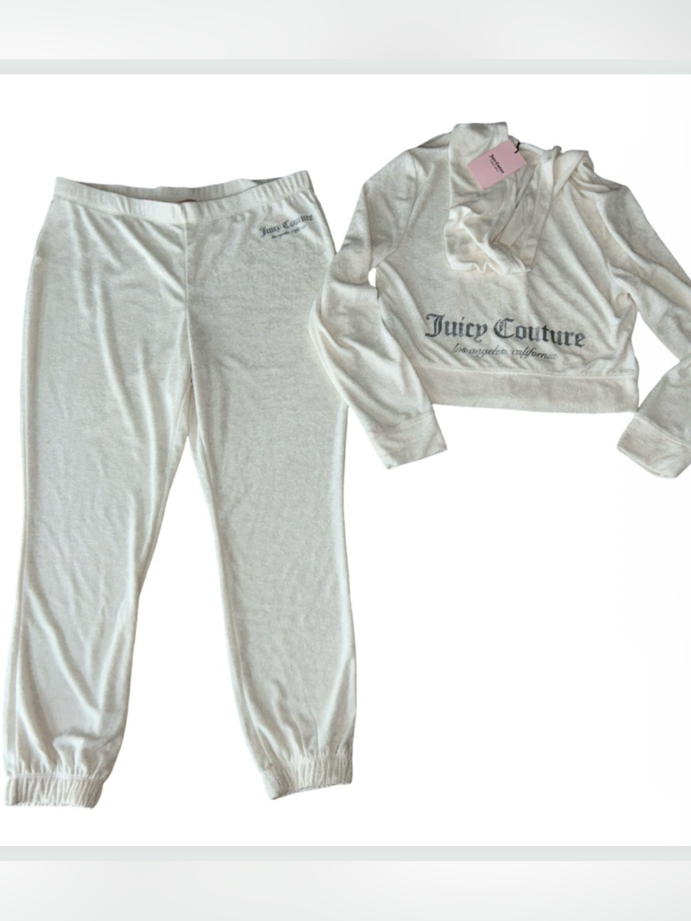 JUICY COUTURE OYSTER WHITE SILVER GLITTER ZIP UP CROPPED JOGGER TRACKSUIT NWT
